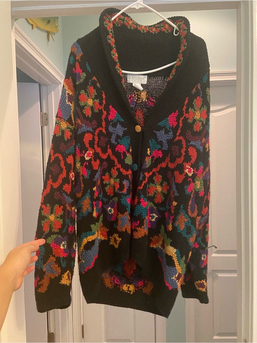 Artisan Vintage Y2K Multicolor Floral Knit Shawl-Collar Button Up Sweater
